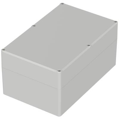 Rectangular grey enclosure with screws at the corners, used for covering or storing electronic components.
