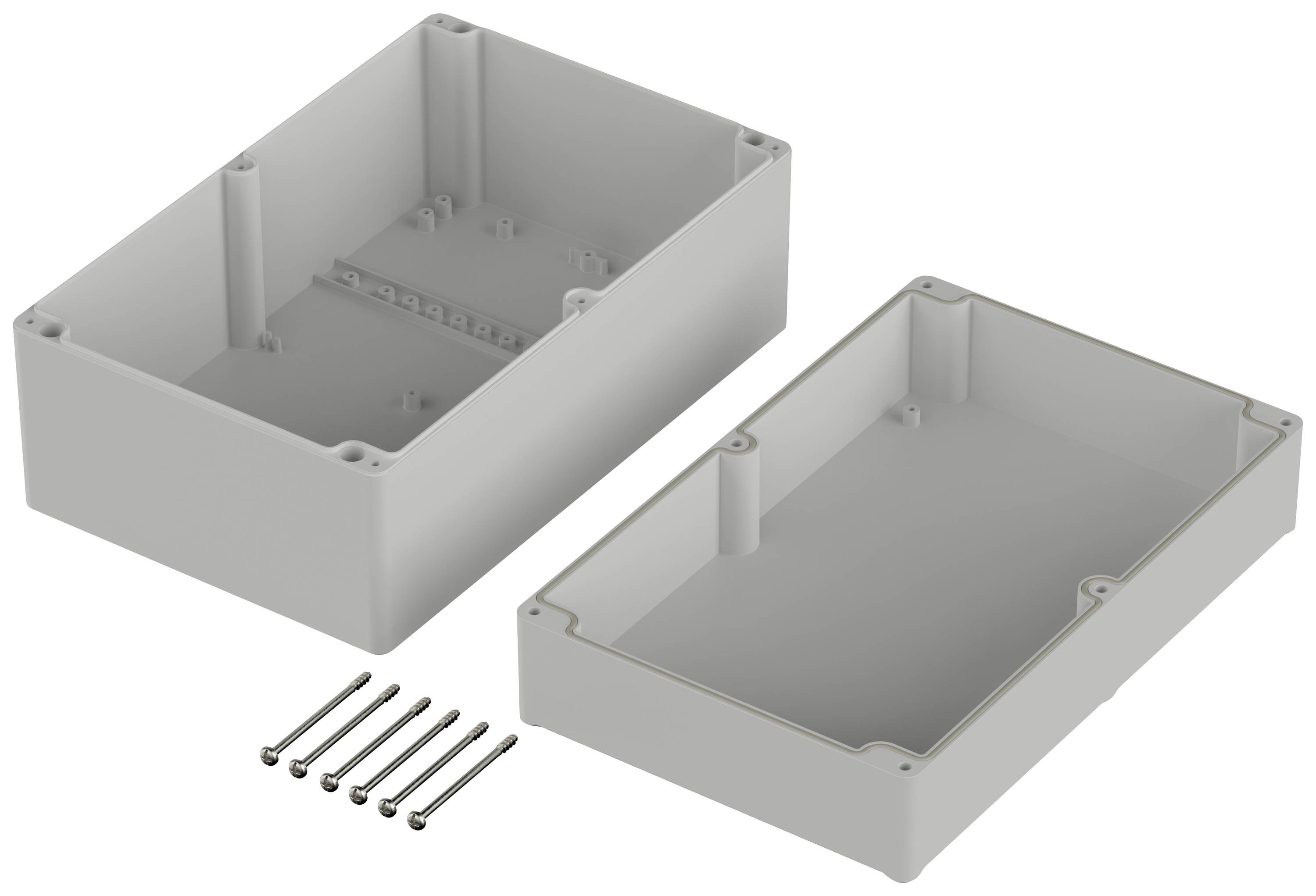 Grey-white plastic electronic enclosures. Two parts: base and lid, with screws. Enclosures for secure storage of electronic components.