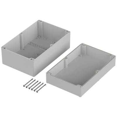 Grey-white plastic electronic enclosures. Two parts: base and lid, with screws. Enclosures for secure storage of electronic components.