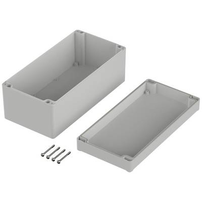 Rectangular grey enclosure made of two parts, shown open. Four screws alongside. Suitable for electronic inserts.