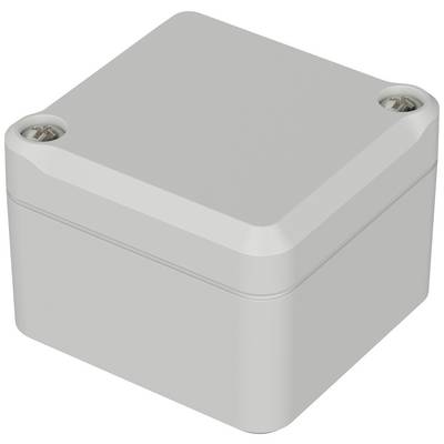 Grey rectangular plastic housing with rounded edges and four screw holes at the corners.