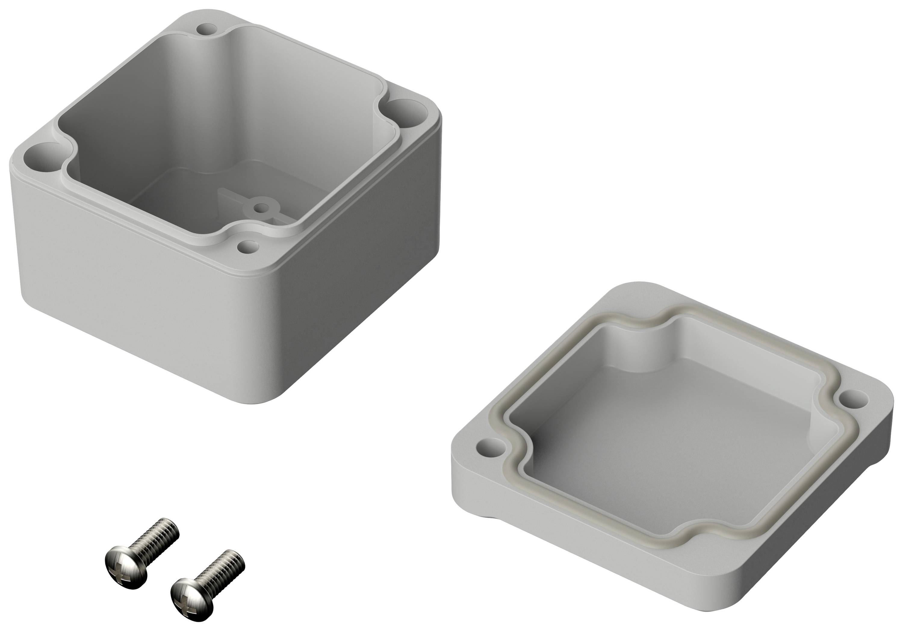 Two grey plastic housing components with rounded corners, a base plate and a lid with screw holes, alongside two screws.