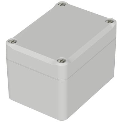 Grey, rectangular enclosure with rounded corners and four screws at the corners of the lid.