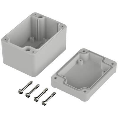 Electronic enclosure made of plastic with a removable cover and four fixing screws.