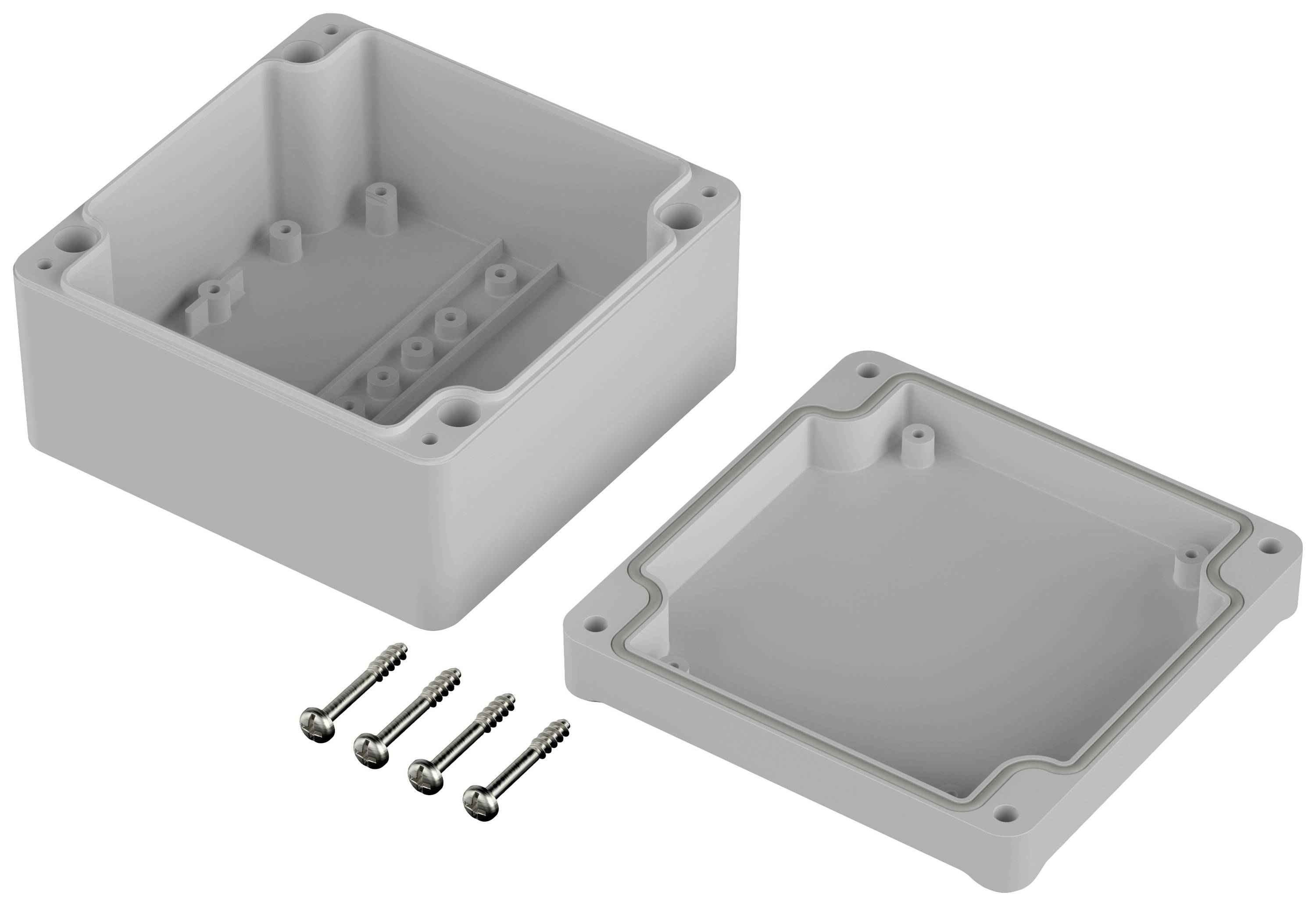 Grey rectangular plastic enclosure in two parts, with the base on the left featuring four screws, and the lid on the right. Ideal for electronic components.