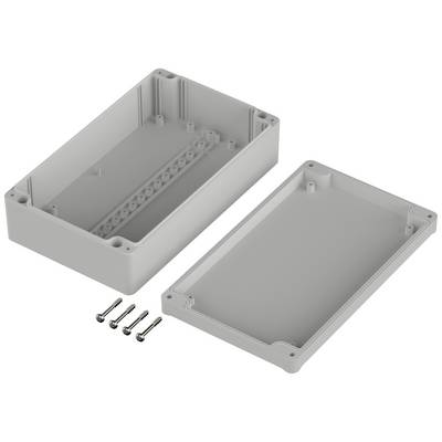 A rectangular grey plastic enclosure, consisting of an open base and a lid beside it, with four screws.