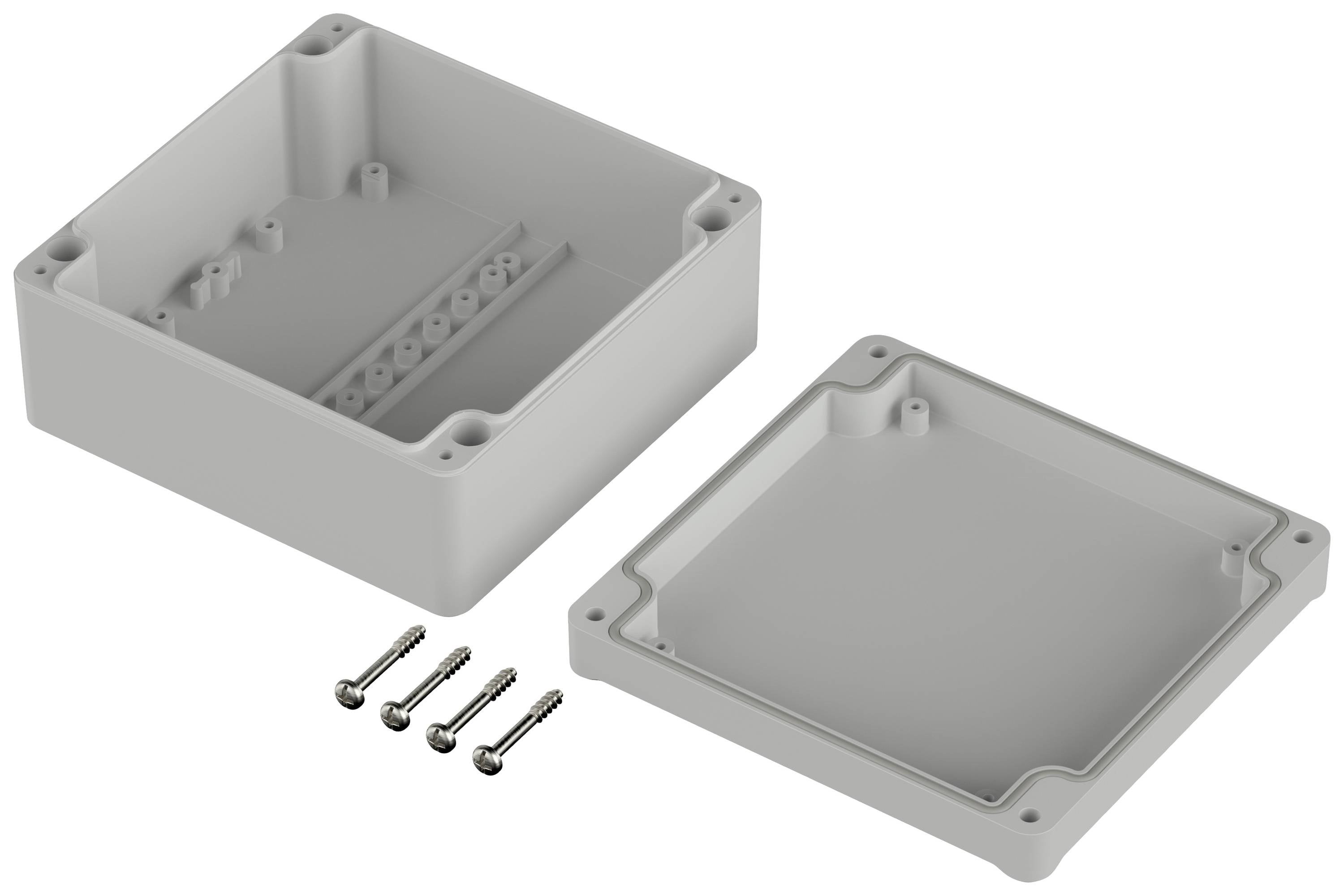 Housing with a removable lid and four screws, used for the protection and mounting of electronic components.
