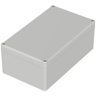 Rectangular grey plastic enclosure with rounded corners and screws at the corners for securing the lid.