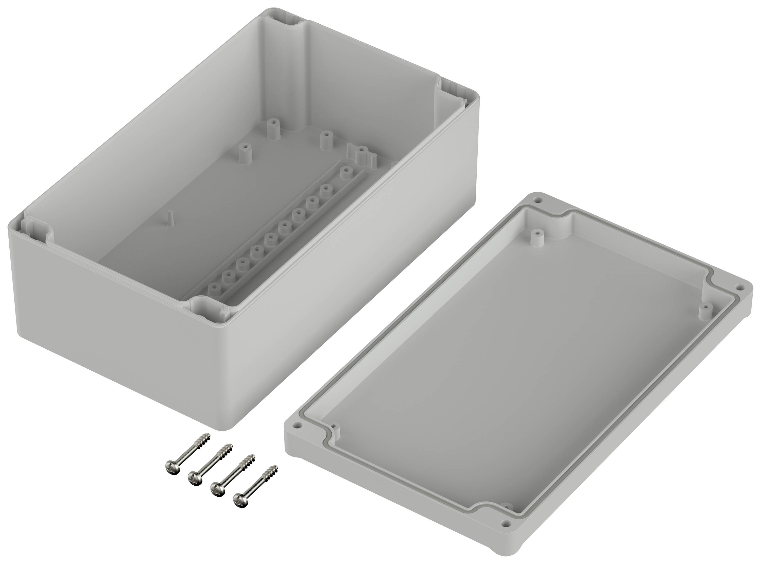 Rectangular plastic casing, opened, with four screws.