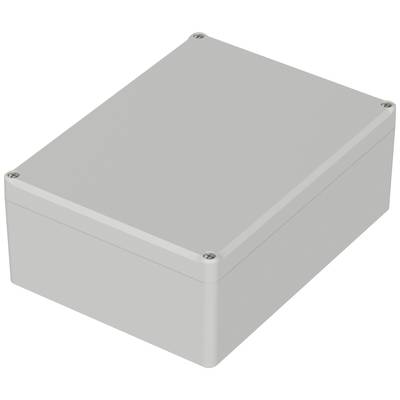 Rectangular grey enclosure with rounded edges and four screws at the corners, placed on a white surface.