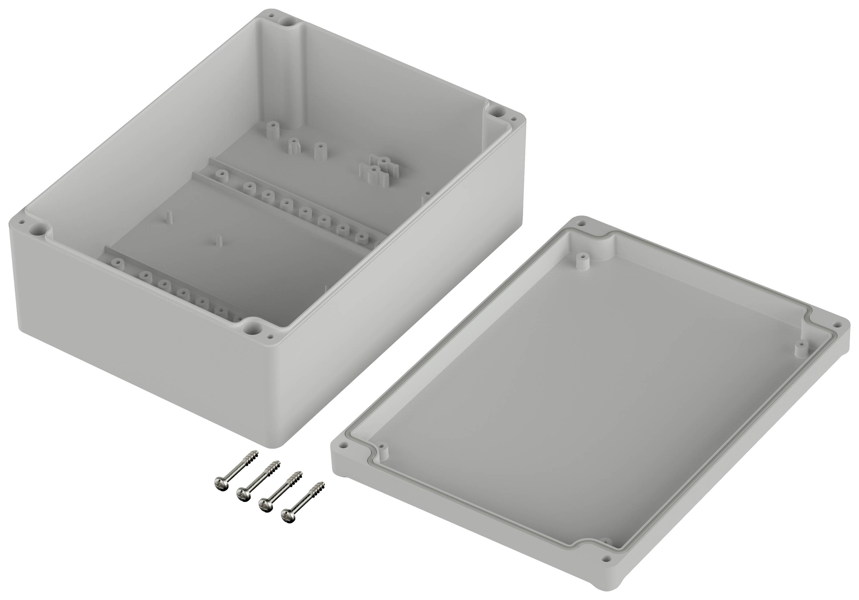 A rectangular, grey plastic enclosure, consisting of a base and a lid, which can be secured with four screws.