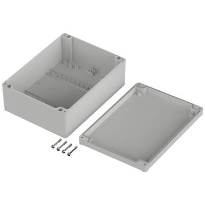 A rectangular, grey plastic enclosure, consisting of a base and a lid, which can be secured with four screws.
