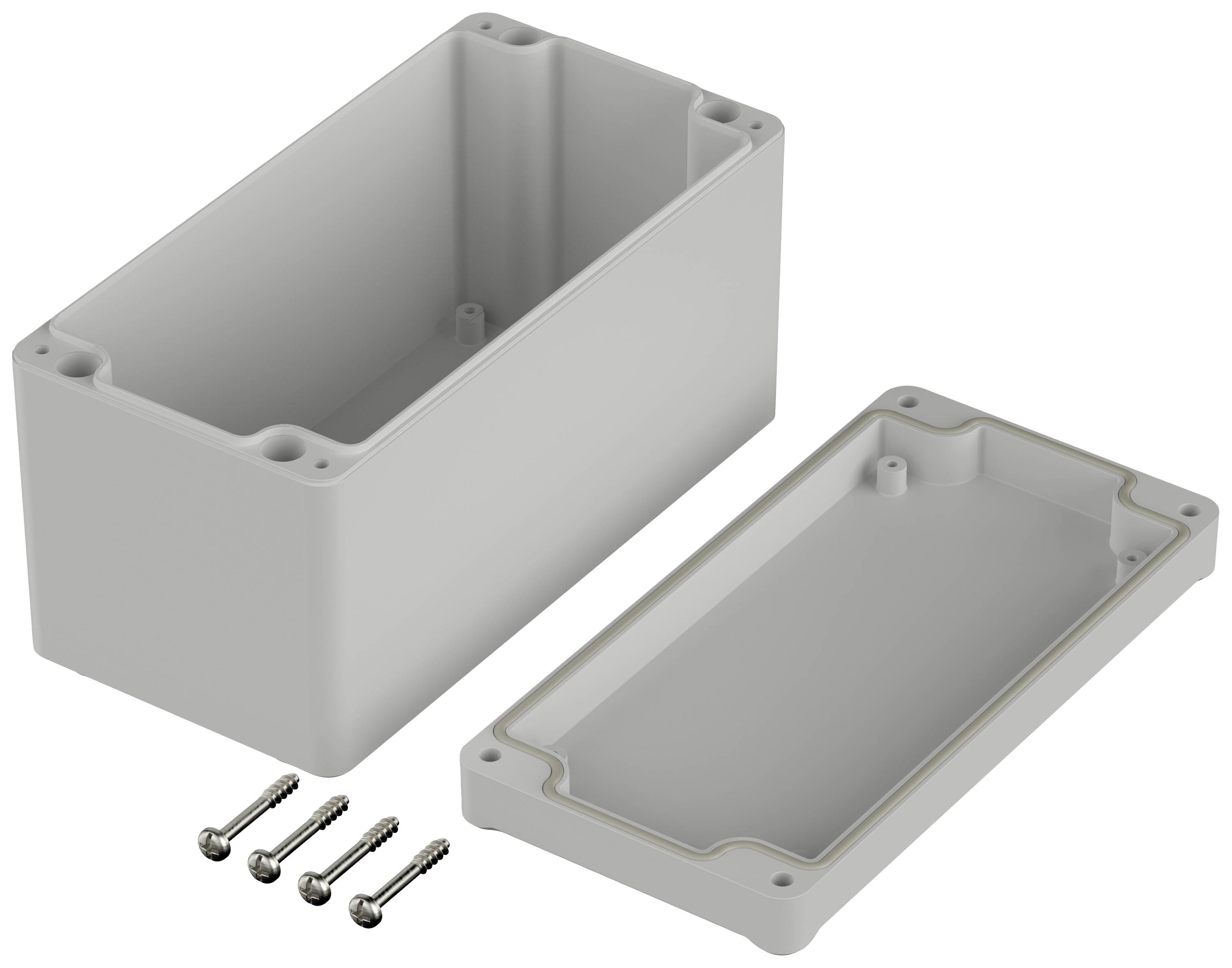 Grey rectangular enclosure opened, with lid and four screws beside it. Ideal for securing electronic components.