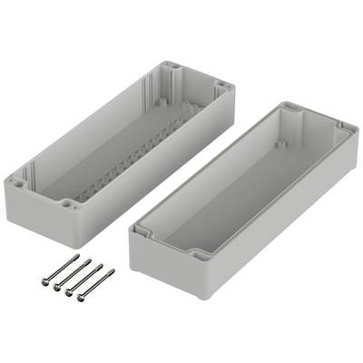 Grey rectangular enclosure in two parts, hinged, with four screws beside it.