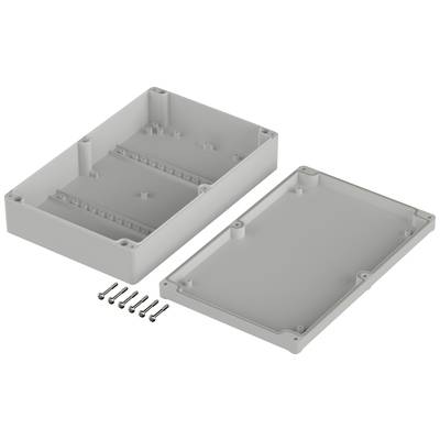 Grey plastic enclosure, consisting of two parts. Six screws are placed beside it. Suitable for electronic components.