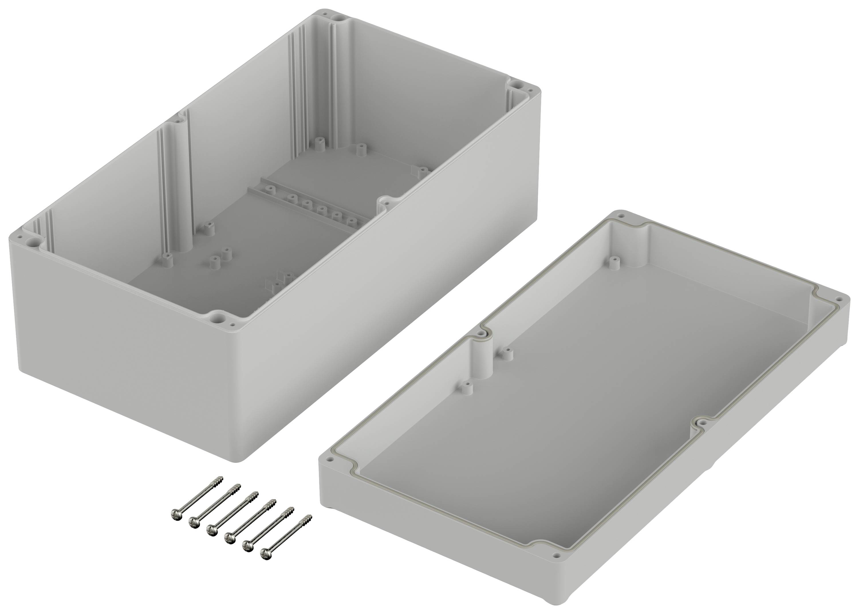 Plastic enclosure, opened. Two parts side by side with screws visible. Used for electronic assembly and protection.