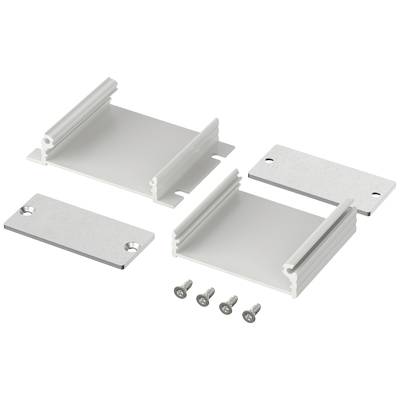 Aluminium mounting set with two rails, two metal plates and four screws, suitable for fixing solar modules.