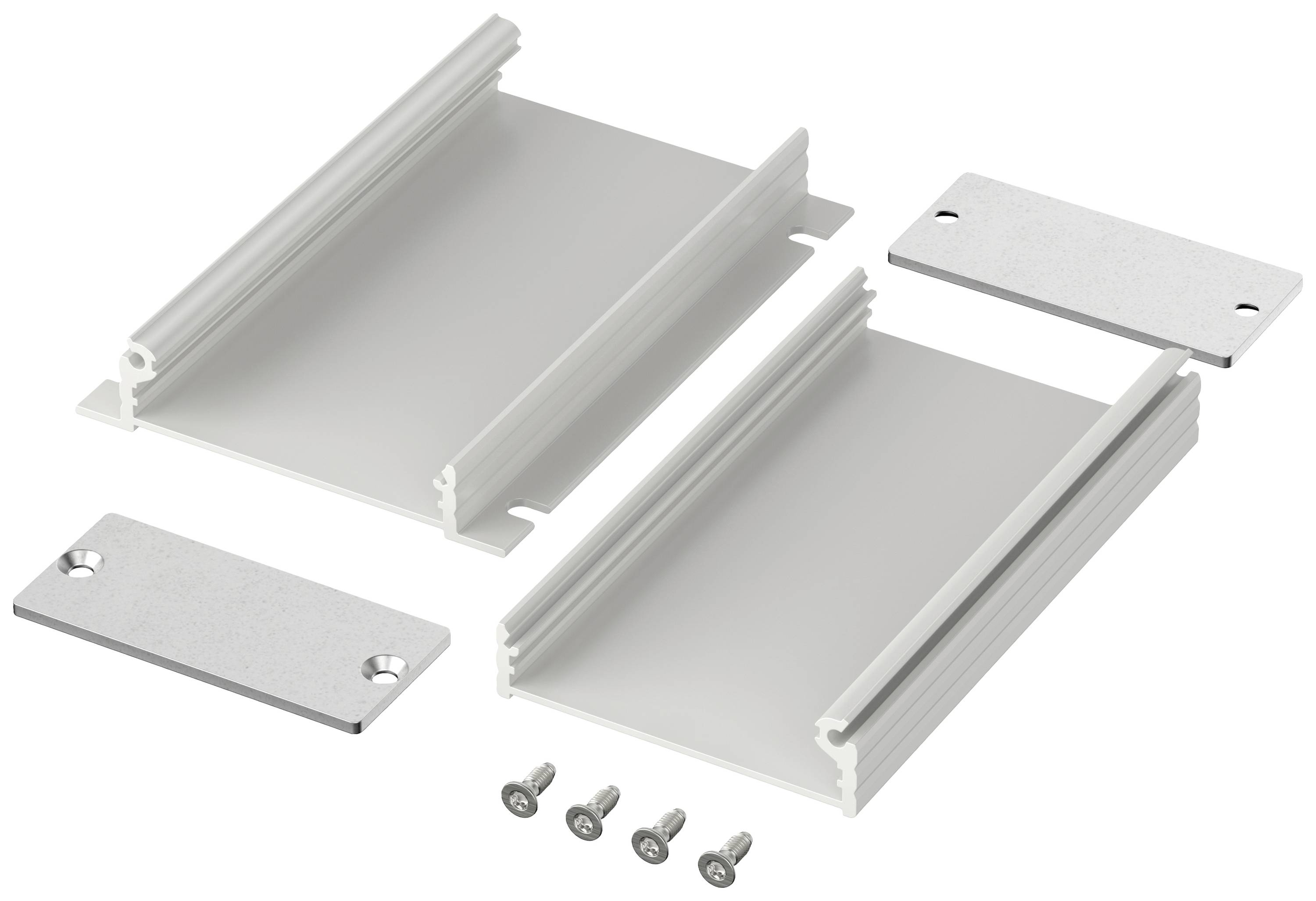 Two aluminium rails with mounting plates and four screws, depicted as a disassembled mounting kit for electronic devices.