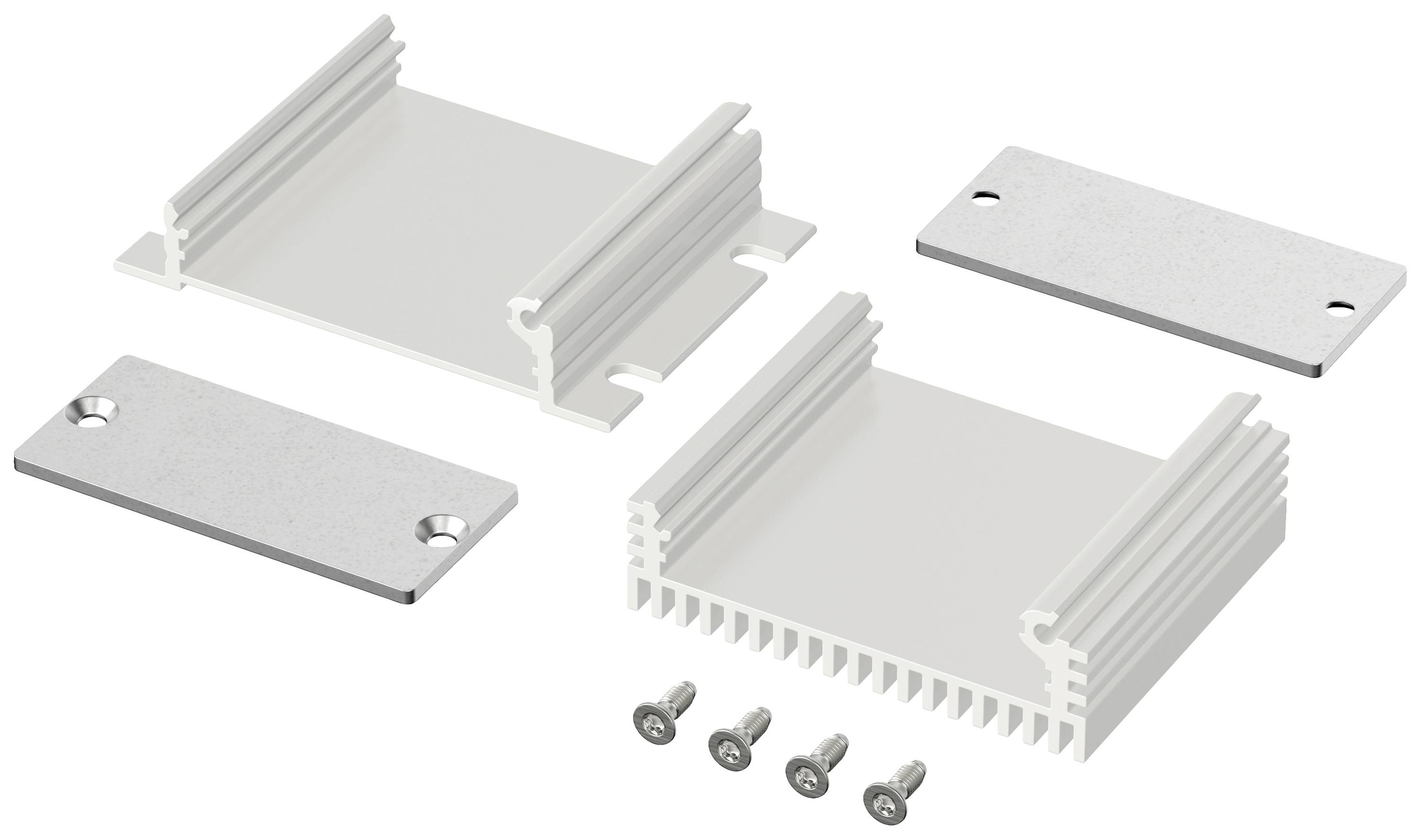 Figure shows a dismountable metal heat sink with lateral cooling fins, two cover plates, and four screws.