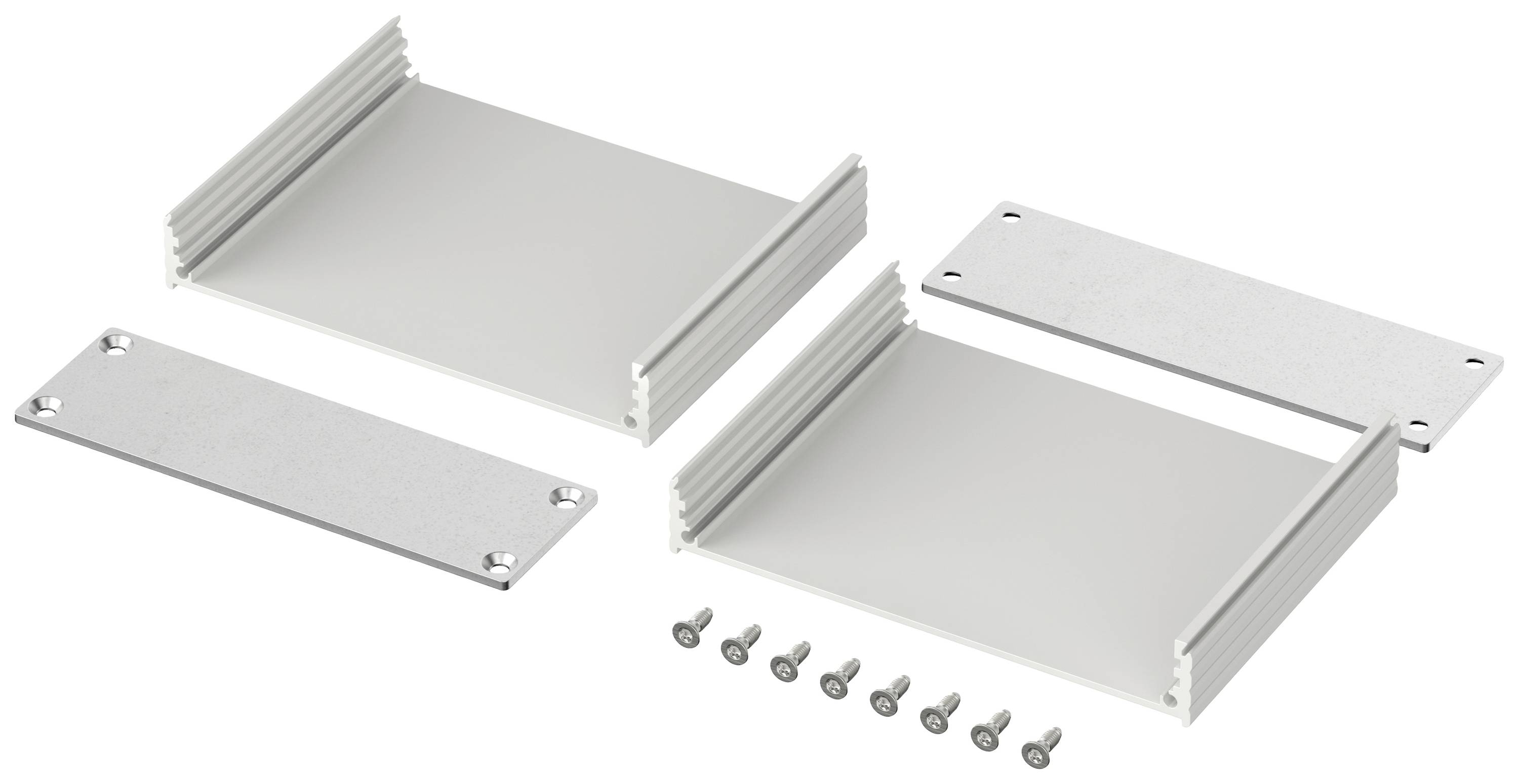 A dismantled metal enclosure with two side walls, two end plates, and eight screws. Used to protect electronic components.