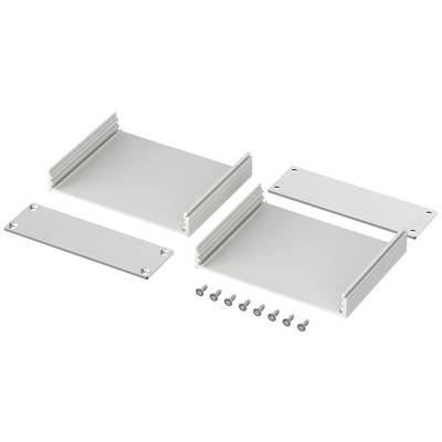 A dismantled metal enclosure with two side walls, two end plates, and eight screws. Used to protect electronic components.