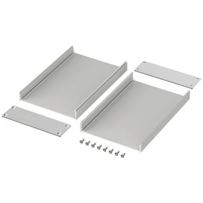 A disassembled metal enclosure set with two main parts, two end plates and eight screws, ready for assembly.