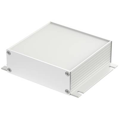 Metal enclosure with screws at the corners, used for housing electronic components, with mountable tabs on two sides.
