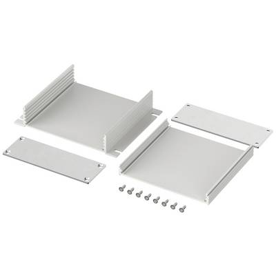 'Aluminium housing kit with lid and side walls. Screws for fastening the parts are laid out in the foreground.'