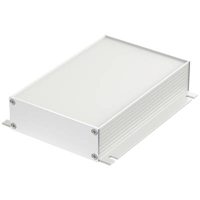 Rectangular white metal enclosure with ribbed sides and screws at the corners. Used for electronic components.