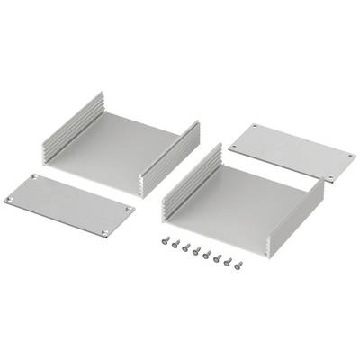 Two aluminium enclosures, consisting of four side panels and two base plates. Eight screws are included for fastening.