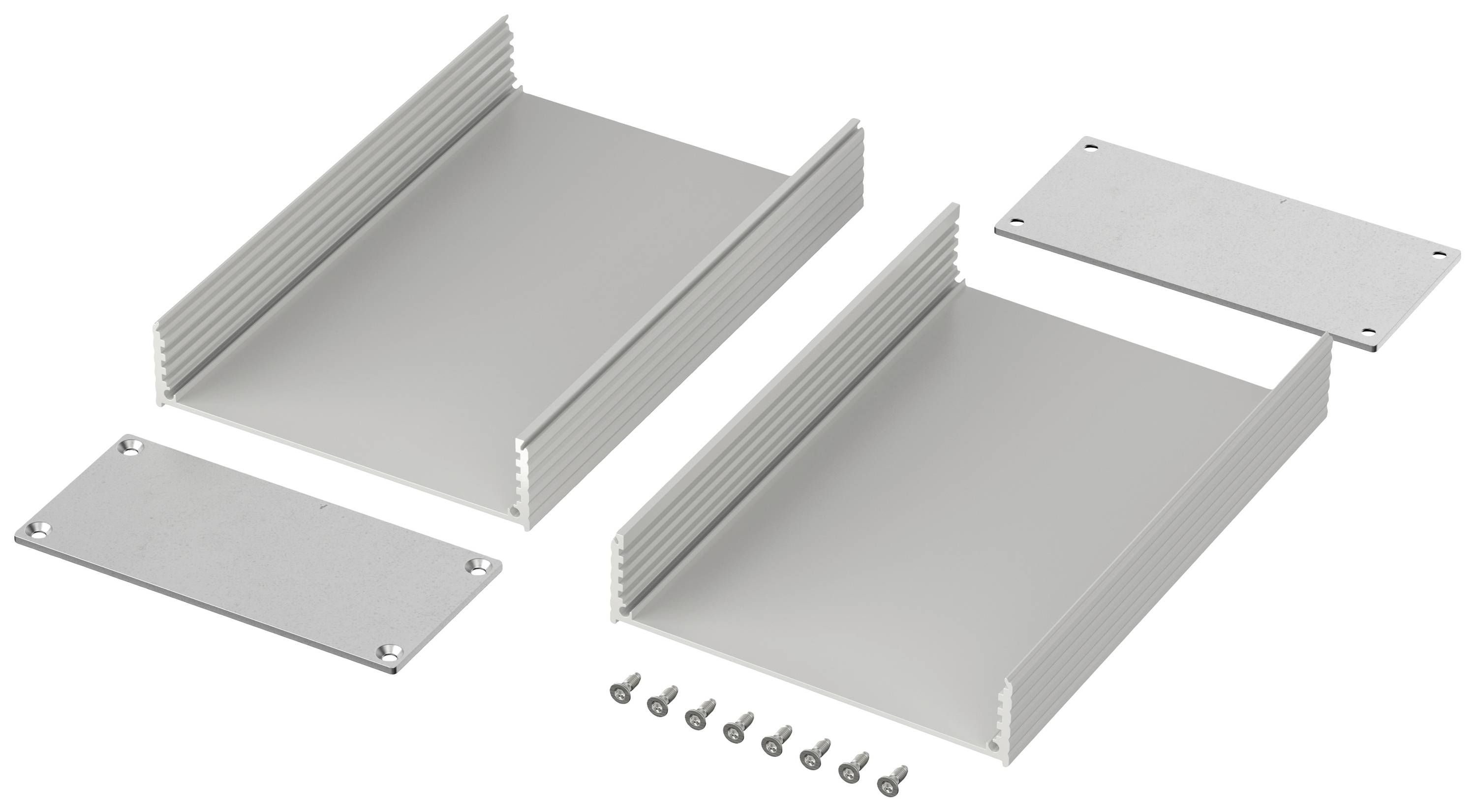 Aluminium kit comprising two housing sections, two cover plates and eight screws, suitable for electronic enclosure assembly.
