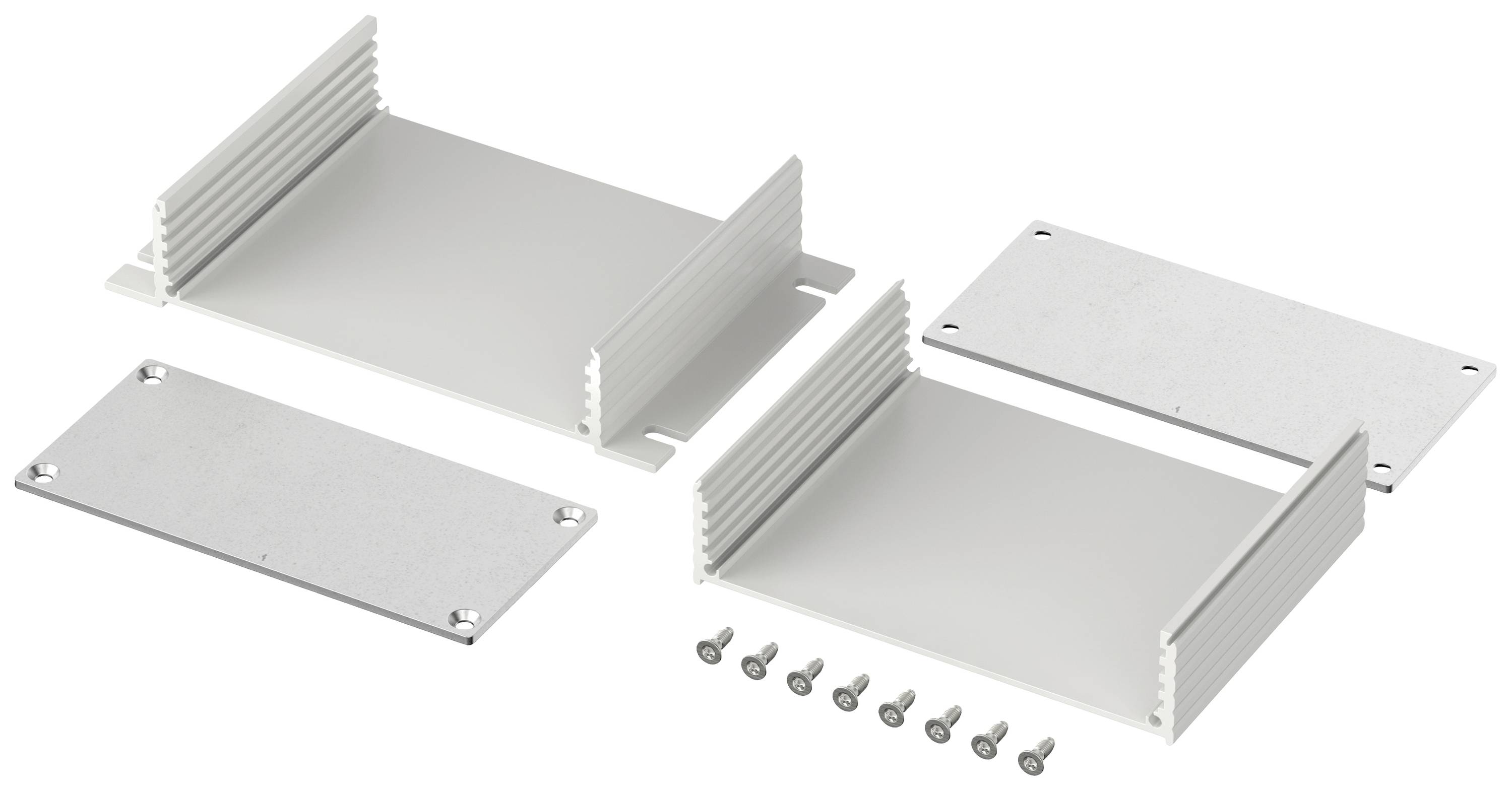 A dismantlable enclosure with two side panels, two cover plates, and seven screws, designed for easy assembly.