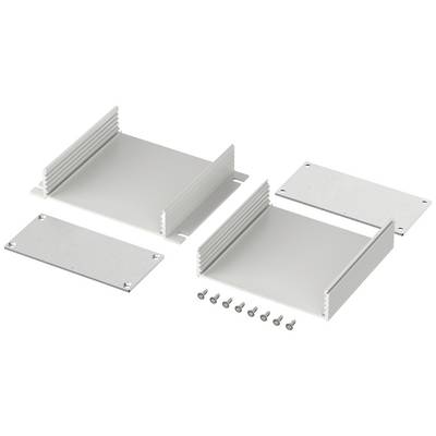 Metal enclosure kit with four plates, two with heat sinks, and eight screws. Suitable for building electronic devices.