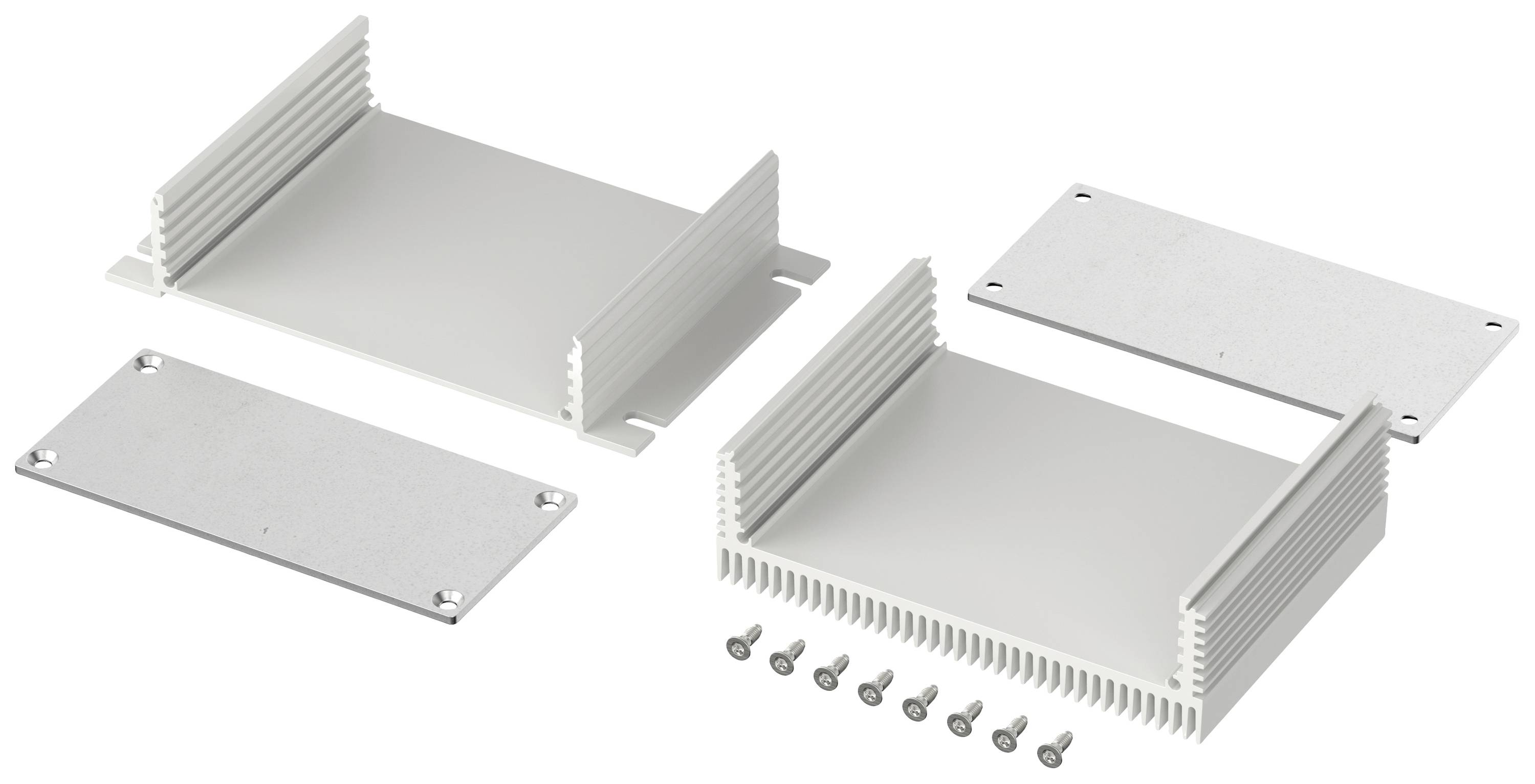 Two rectangular metal enclosures with ribbed sides for cooling, corresponding cover plates and screws. Suitable for electronic modules.