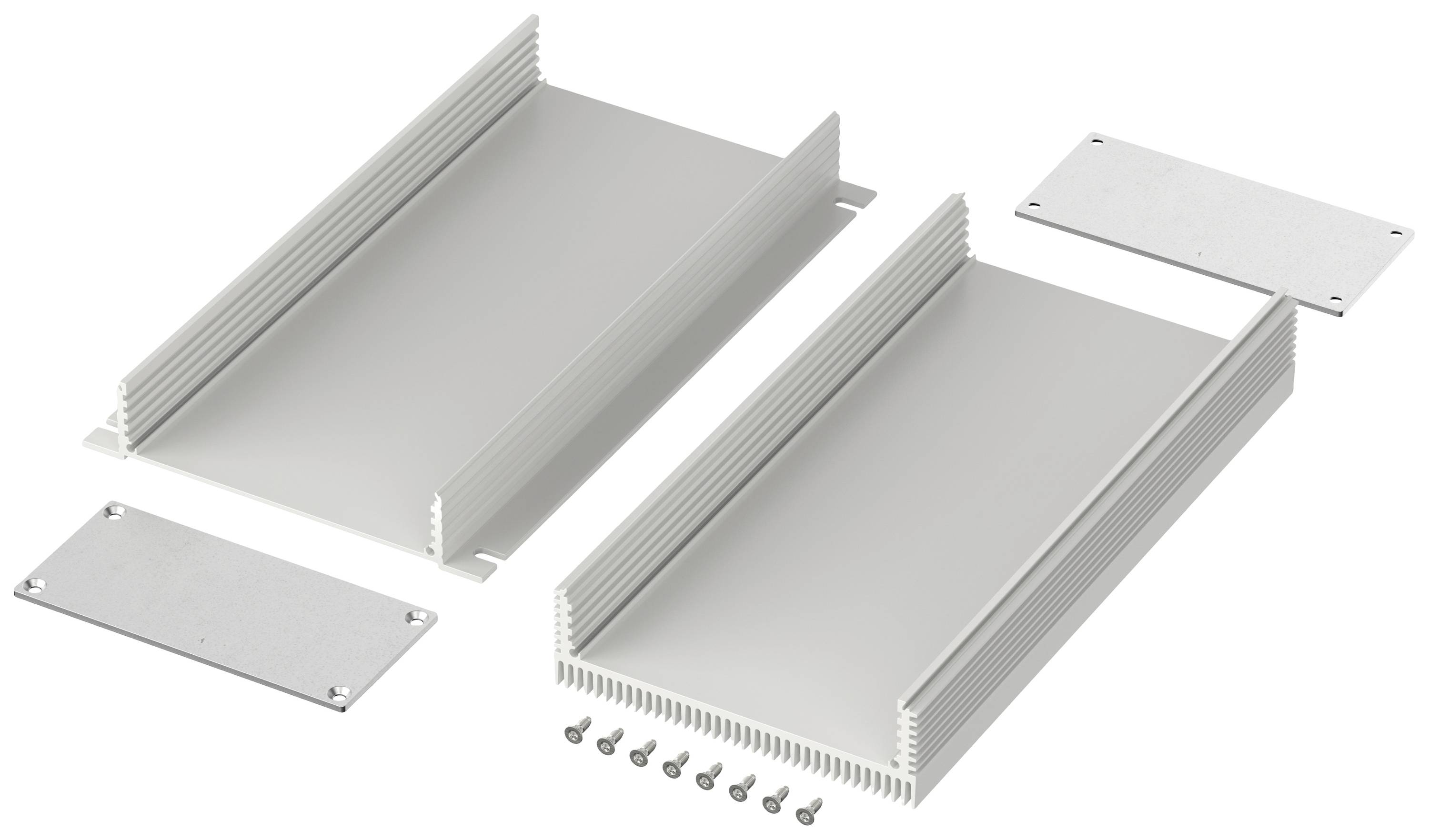 Two grey aluminium enclosures with screws and cover plates, used for protecting electronic components.