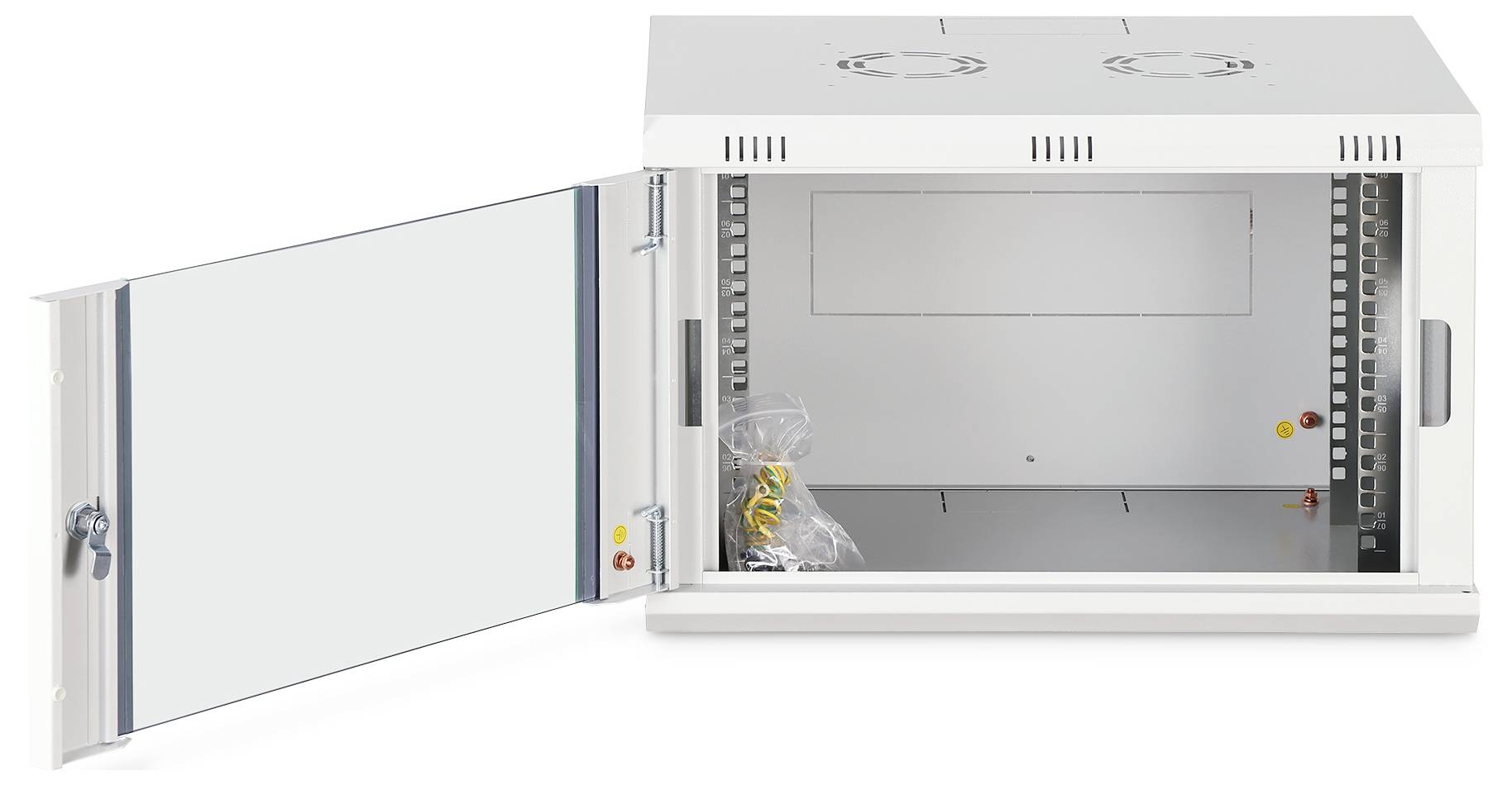 A wall-mounted, open-front network cabinet with a hinged door shown ajar, revealing internal mounting brackets and cable management space.