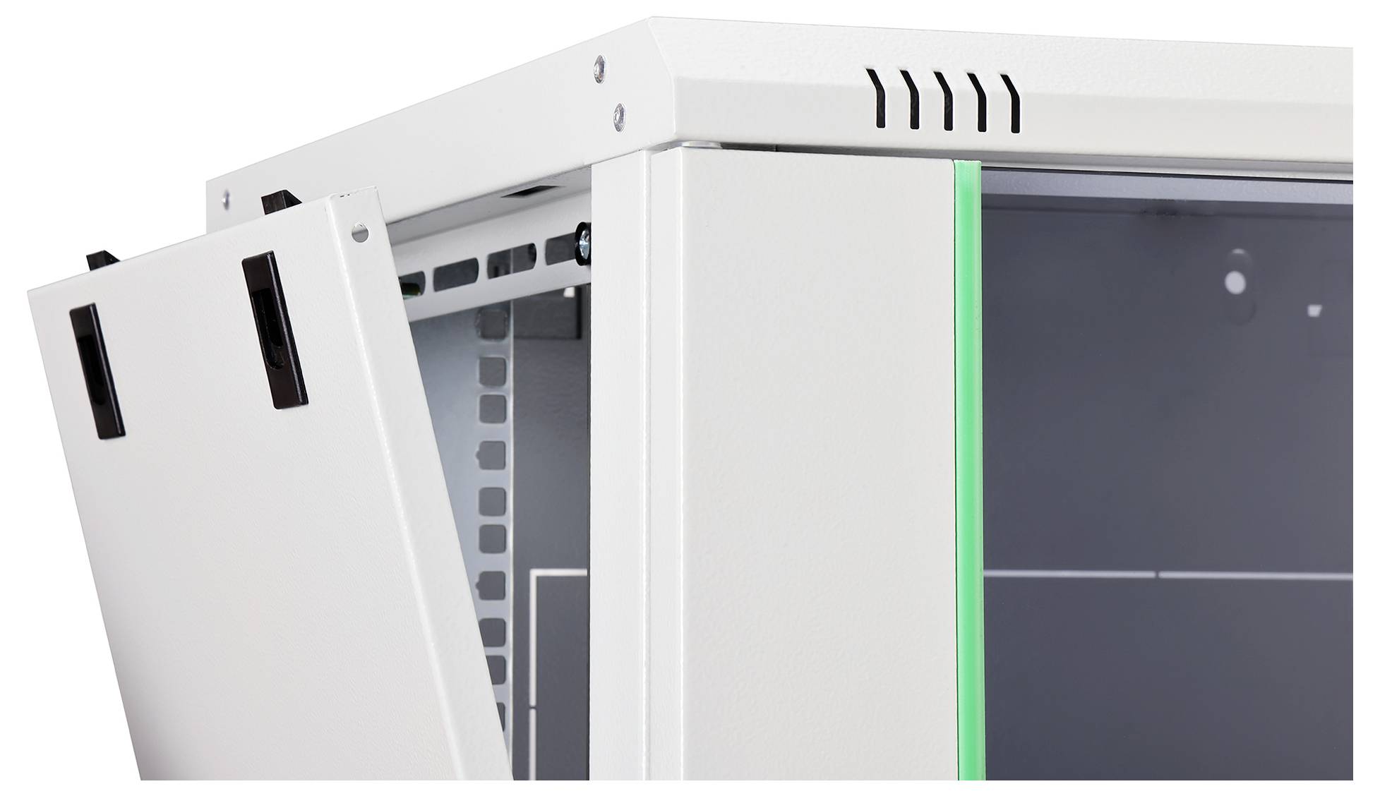 White electrical panel with an open door showing green accents and a gray interior, highlighting modern design and functionality.