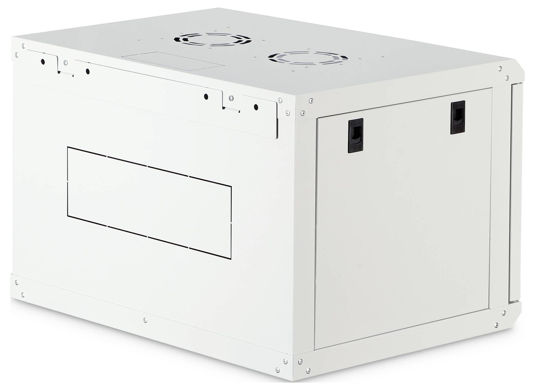 A white, rectangular industrial enclosure with ventilation fans on top and handles on the side, designed for housing electronic components.