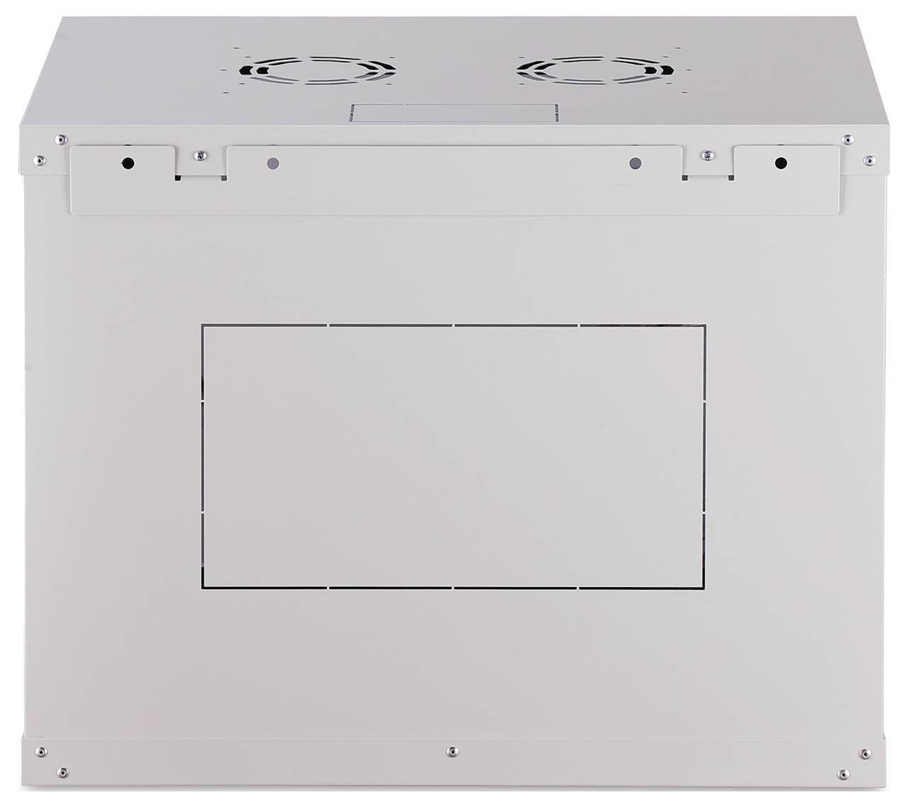 'A plain white metal box with a vented top and a rectangular panel on the front.'