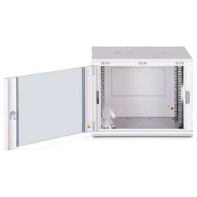 A white, empty network or server cabinet with an open door showing interior shelving and a locked handle on the left side.