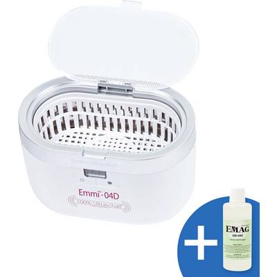 Ultrasonic cleaner with open lid and basket, shown with EMAG cleaning solution bottle included.<br>
