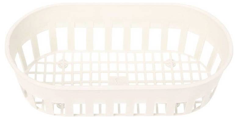 A pale pink plastic laundry basket with oval shape and slotted sides, shown on a white background.