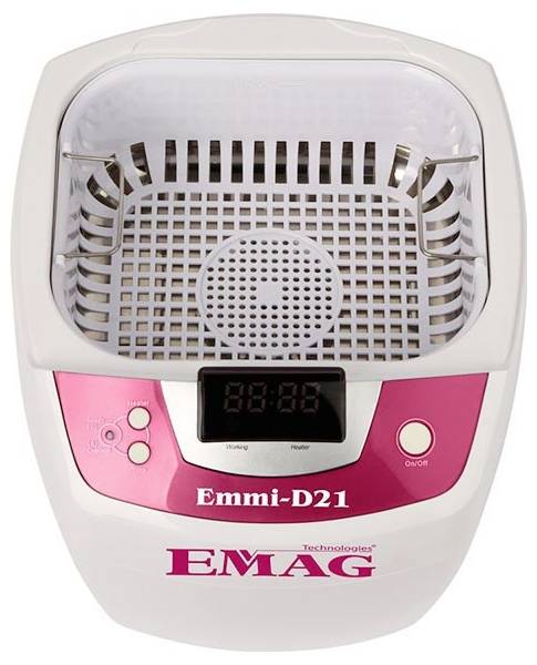 Emag Emmi-D21 ultrasonic jewelry cleaner with basket and digital control panel.<br>