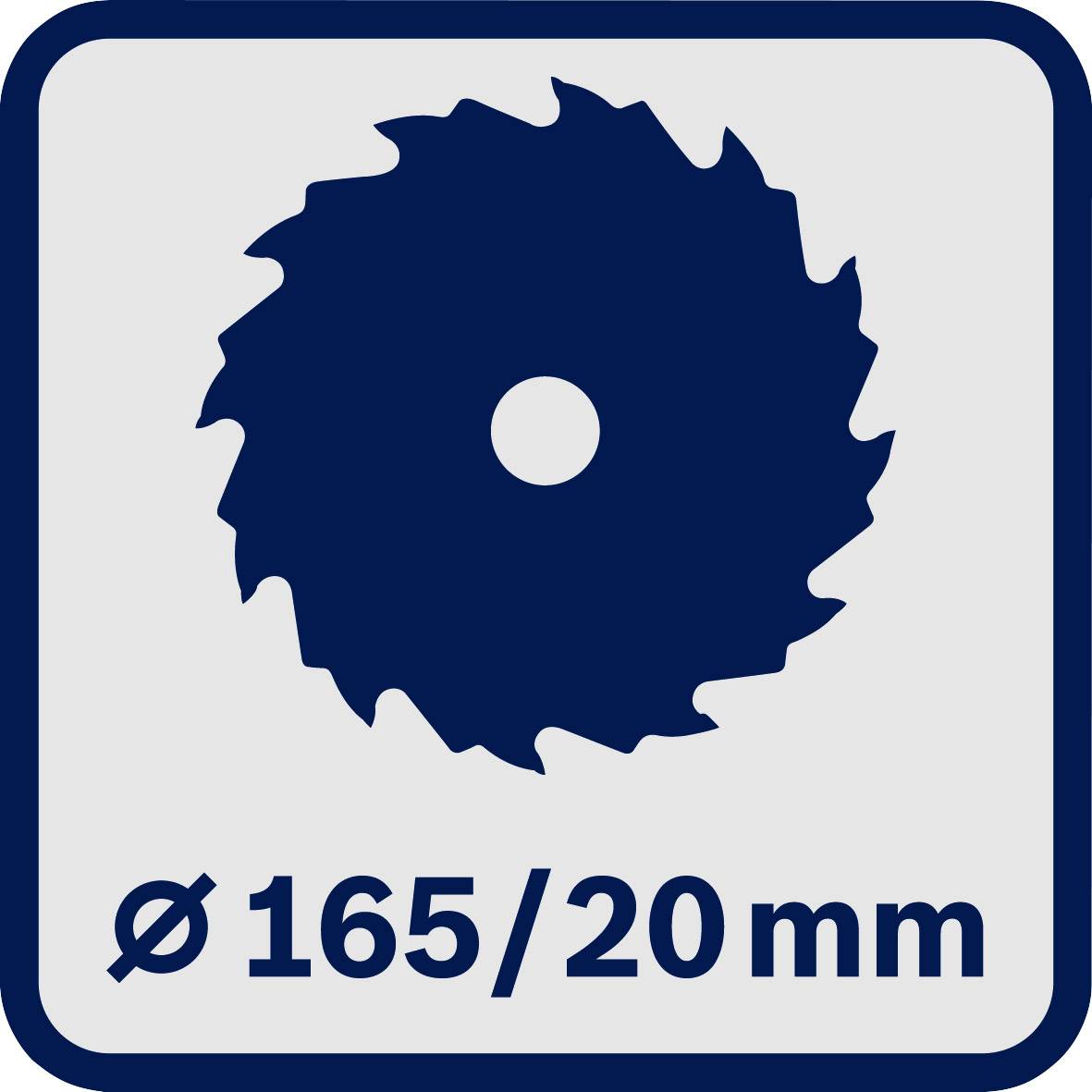 Symbol of a saw blade labelled 'Ø 165/20 mm', representing a diameter of 165 mm and a hole of 20 mm.