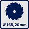 Symbol of a saw blade labelled 'Ø 165/20 mm', representing a diameter of 165 mm and a hole of 20 mm.