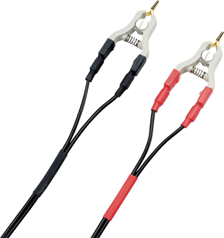 Two jump leads with clamps, one black and one red, for jump-starting vehicle batteries.