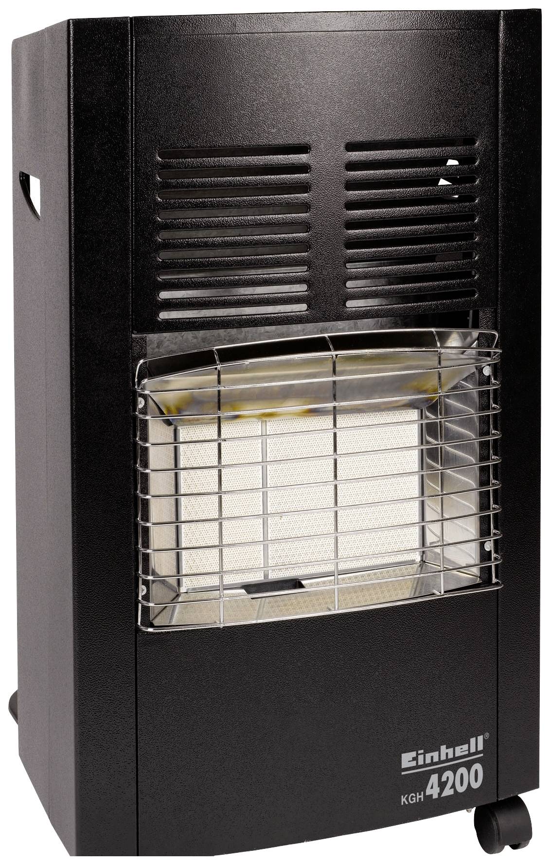 Black gas heater with mesh guard, brand name 'Einhell KGH 4200' on the front. Suitable for heating indoor spaces.