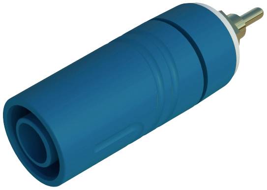 A blue insulating adapter with a metal pin, used for electrical connections, is lying horizontally on its side.