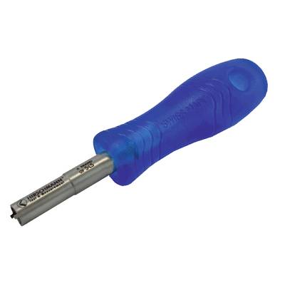 A blue screwdriver with an ergonomic handle and a marked shaft featuring a scale and a marker.