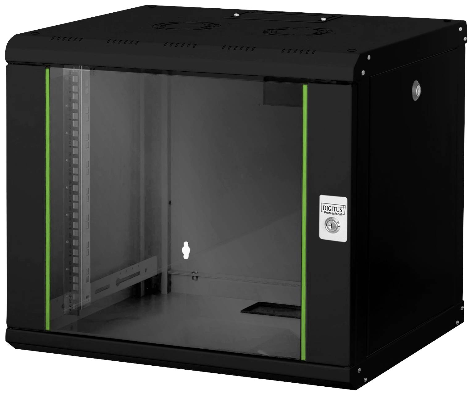 Black network wall cabinet with a glass door, green stripe on the sides and a locking mechanism on the right side.